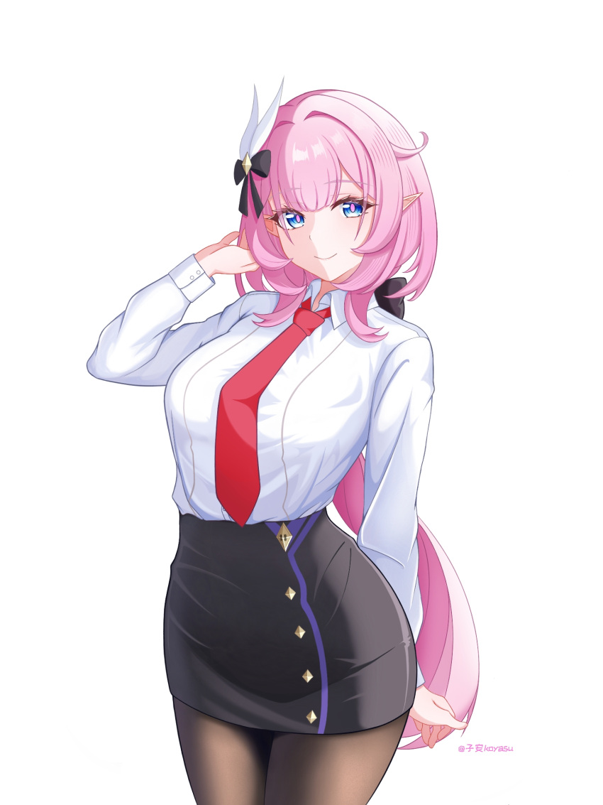 1girl, black_pantyhose, black_skirt, blue_eyes, breasts, closed_mouth, elf, elysia_(honkai_impact)