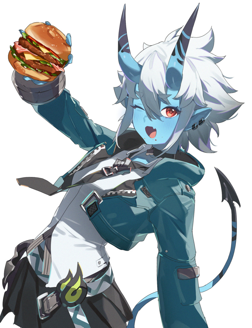 1girl, black_skirt, blue_skin, burger, colored_skin, cowboy_shot, fang, food
