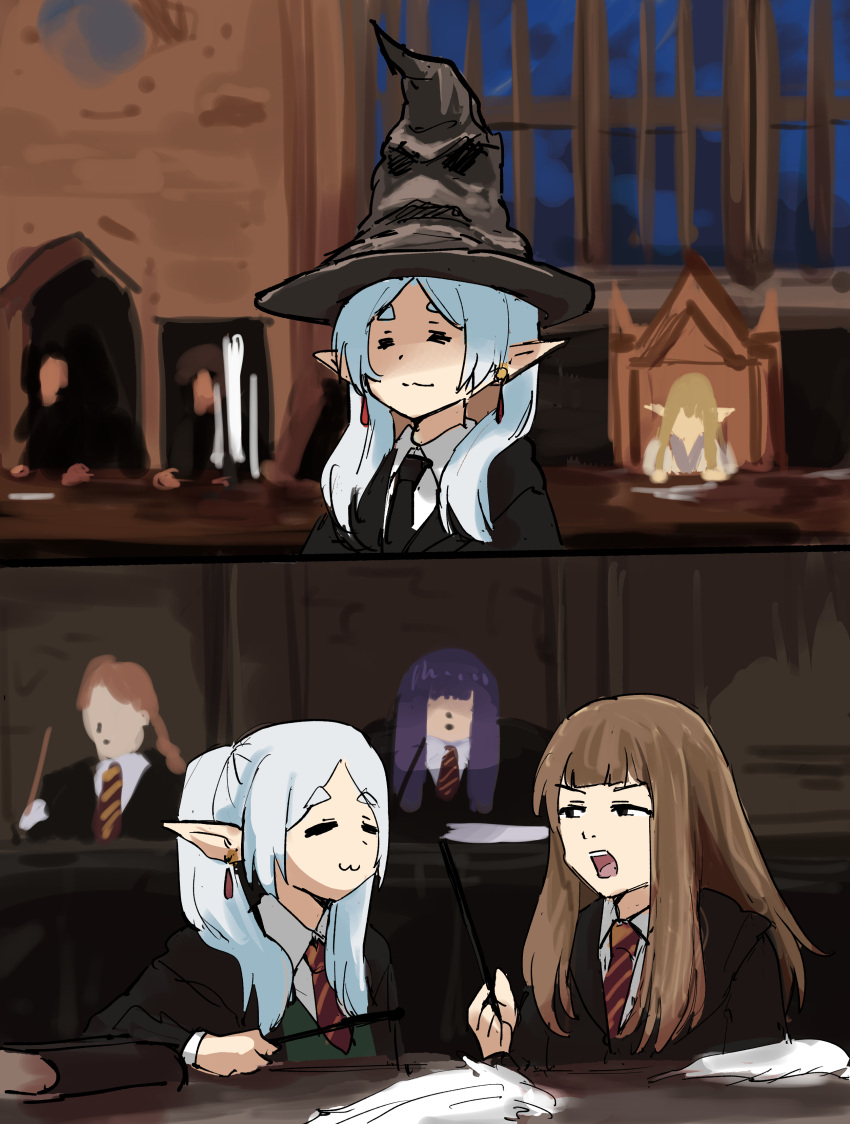 4girls, :3, =_=, absurdres, alternate_costume, black_hat, brown_hair, commentary_request