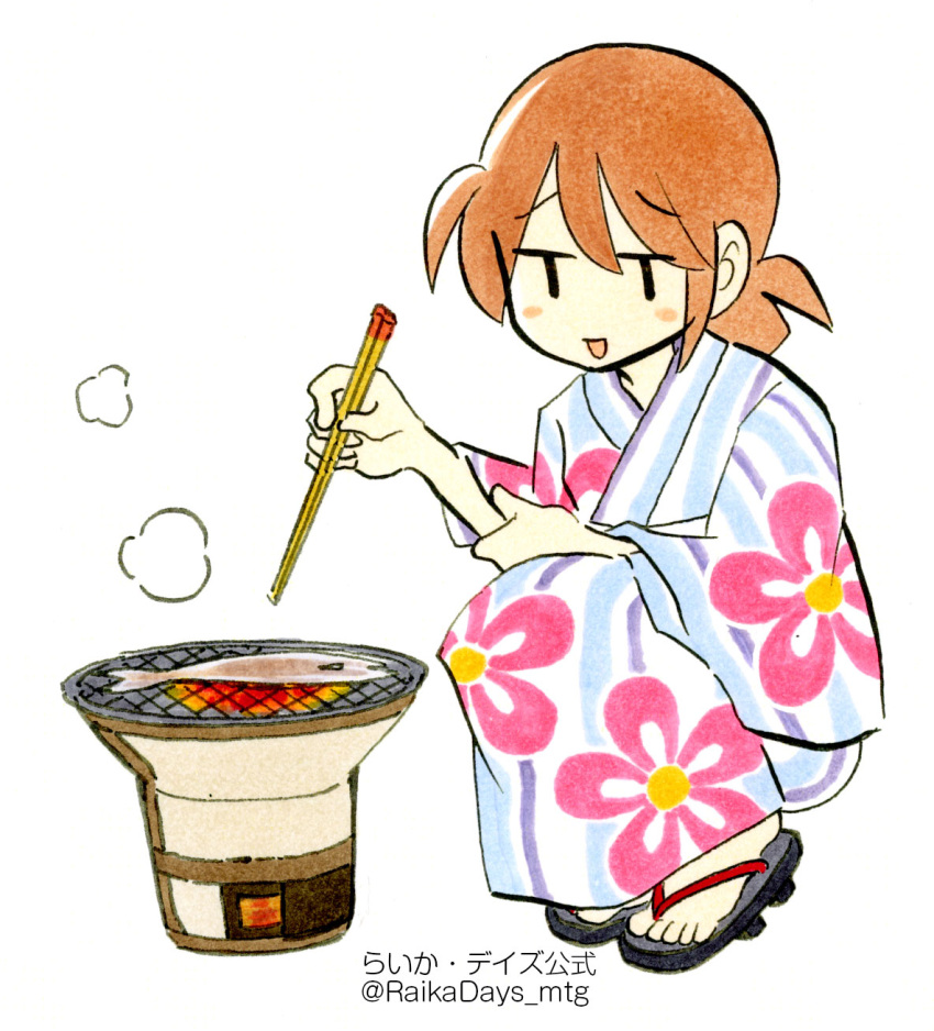 1girl, artist_name, black_eyes, blue_kimono, blush, brown_hair, chopsticks, cooking, fish, fish_(food), floral_print, geta, grill, grilled_fish, hand_up, haruna_raika, highres, holding, holding_chopsticks, japanese_clothes, kimono, munko, official_art, open_mouth, ponytail, print_kimono, raika_days, shichirin, simple_background, smug, solo, squatting, steam, striped_clothes, striped_kimono, twitter_username, white_background, yukata