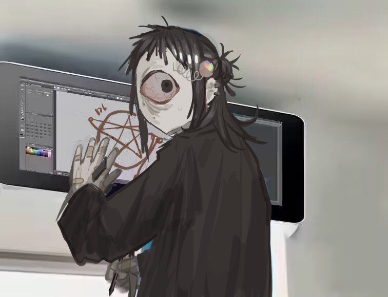 1girl, bandaid, bandaid_on_hand, brown_hair, brown_shirt, cyclops, drawing_tablet, holding