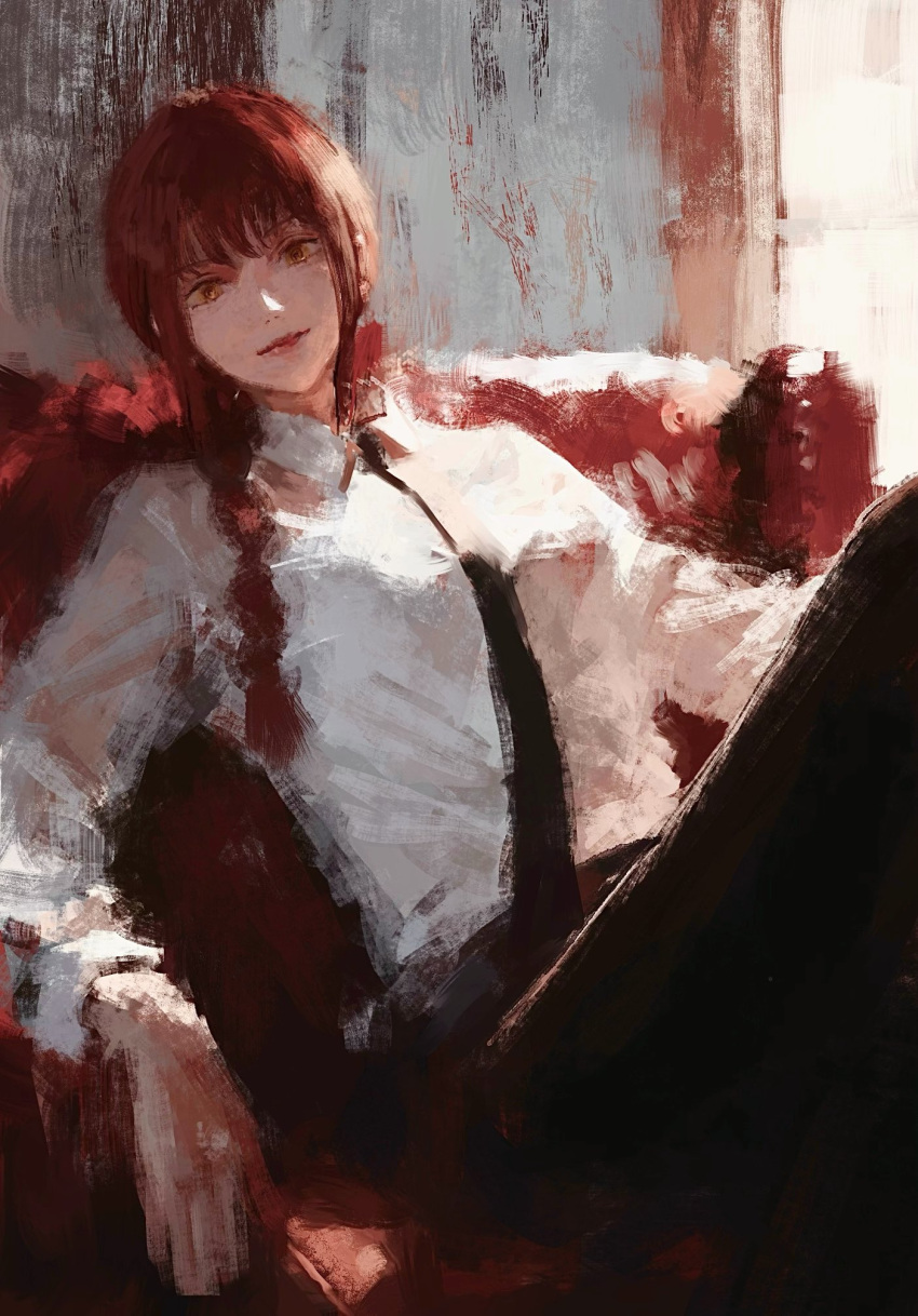 1girl, black_necktie, black_pants, braid, braided_ponytail, breasts, chainsaw_man, couch