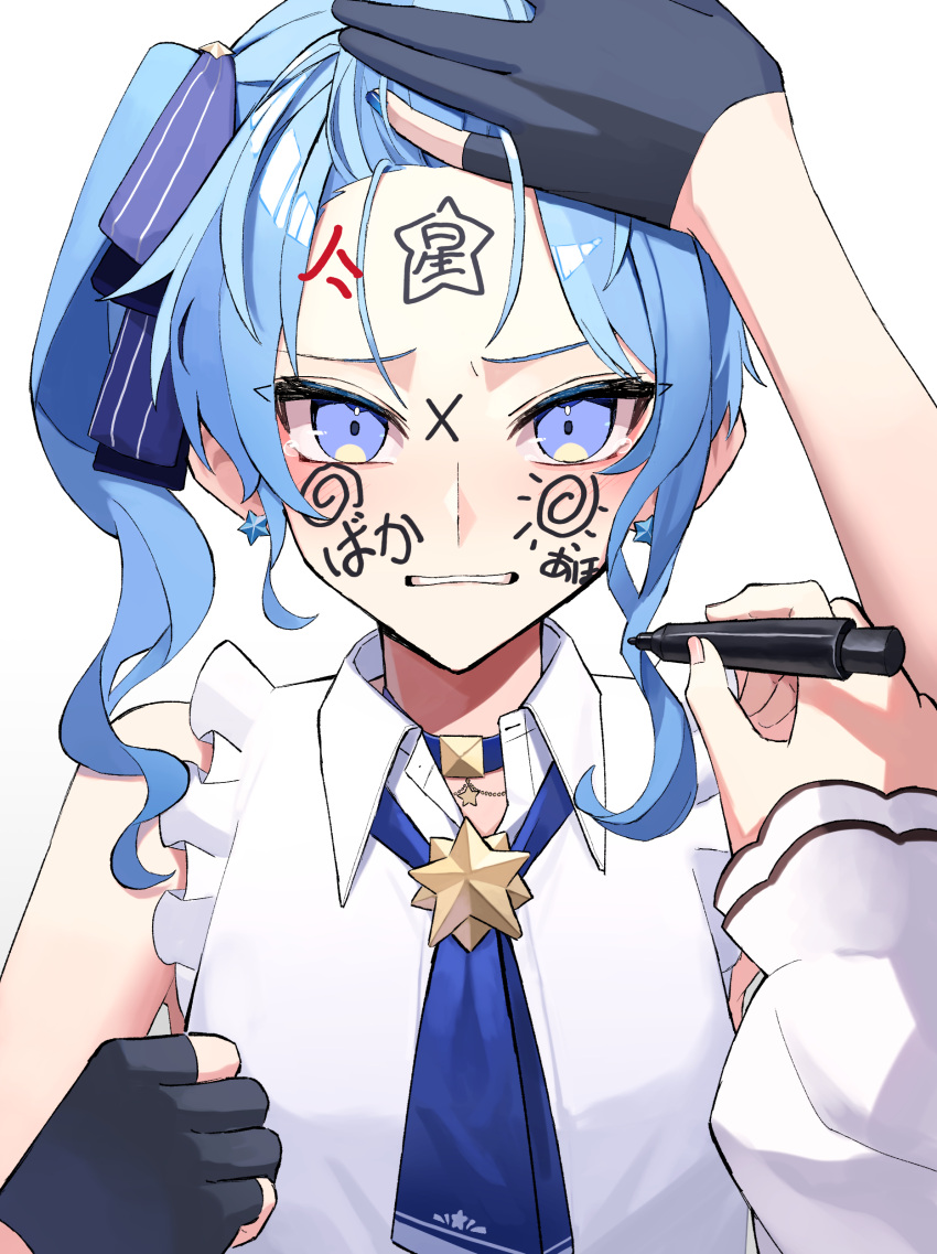 2girls, a-rufu, absurdres, anger_vein, angry, black_gloves, blue_choker, blue_eyes