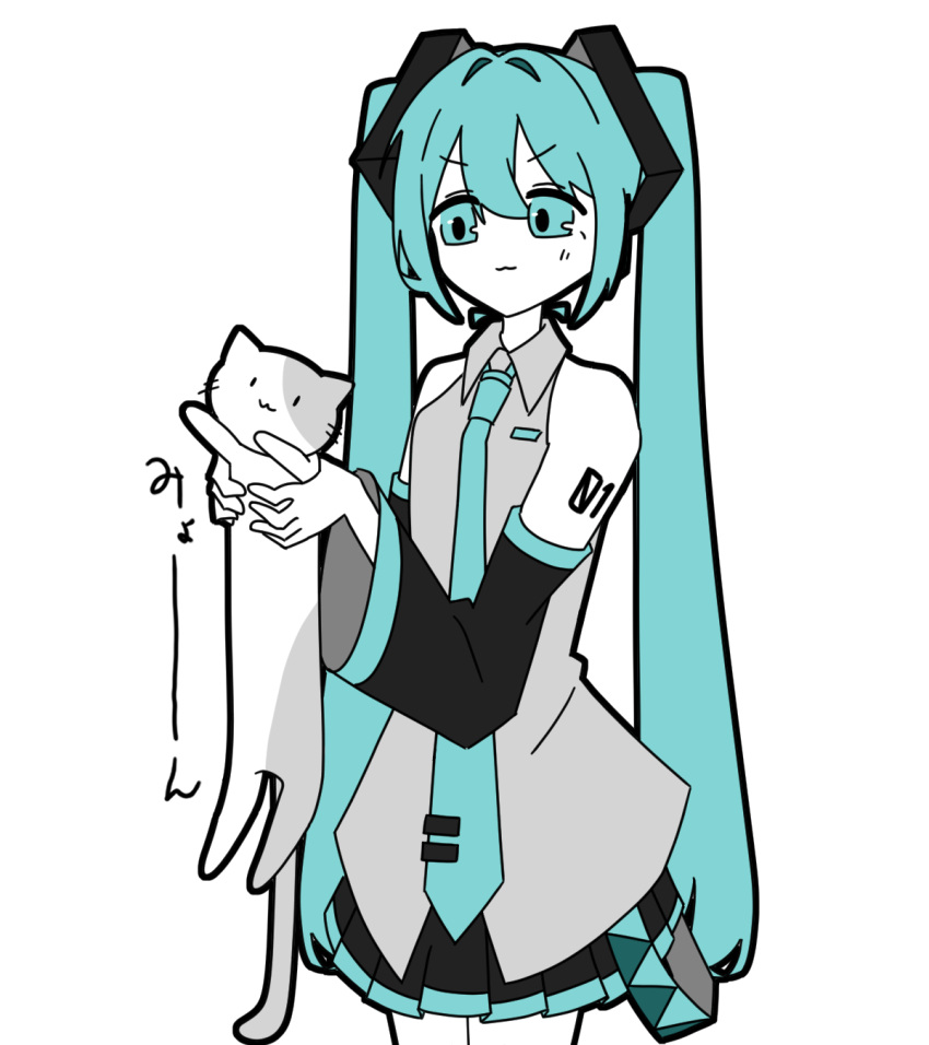 1girl, :3, animal, aqua_eyes, aqua_hair, aqua_necktie, bare_shoulders, black_skirt