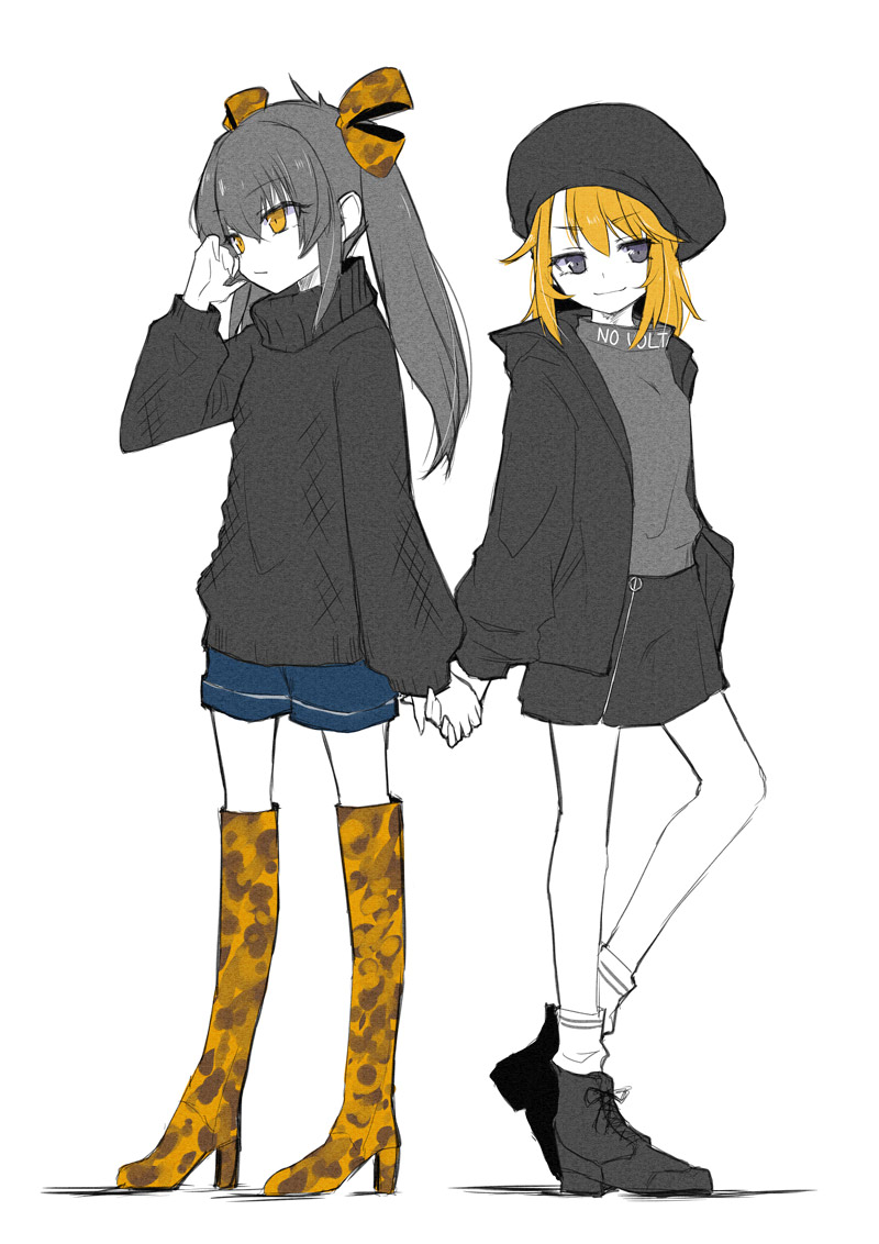 2girls, adjusting_hair, aketa_chika, alternate_costume, animal_print, arm_at_side, arms_at_sides, beret