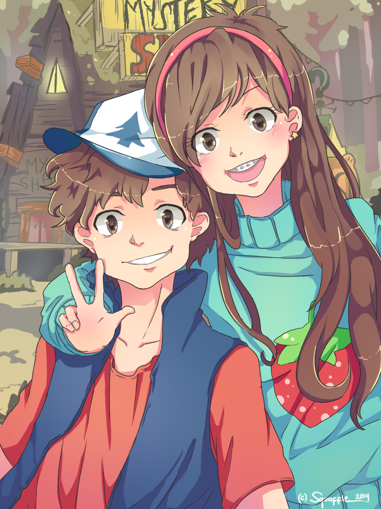 1boy, 1girl, braces, brown_eyes, brown_hair, dipper_pines, gravity_falls, hairband, hat, long_hair, long_sleeves, looking_at_viewer, mabel_pines, open_mouth, shirt, short_hair, smile, squaffle1, sweater, t-shirt, v, very_long_hair