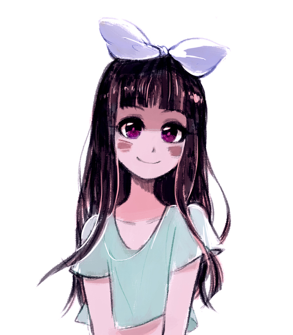 animification, black_hair, blue_bow, blue_eyes, blue_shirt, blush, blush_stickers, bow, hair_bow, kutaraa, long_hair, looking_at_viewer, phineas_and_ferb, shirt, simple_background, smile, stacy_hirano, straight_hair, white_background