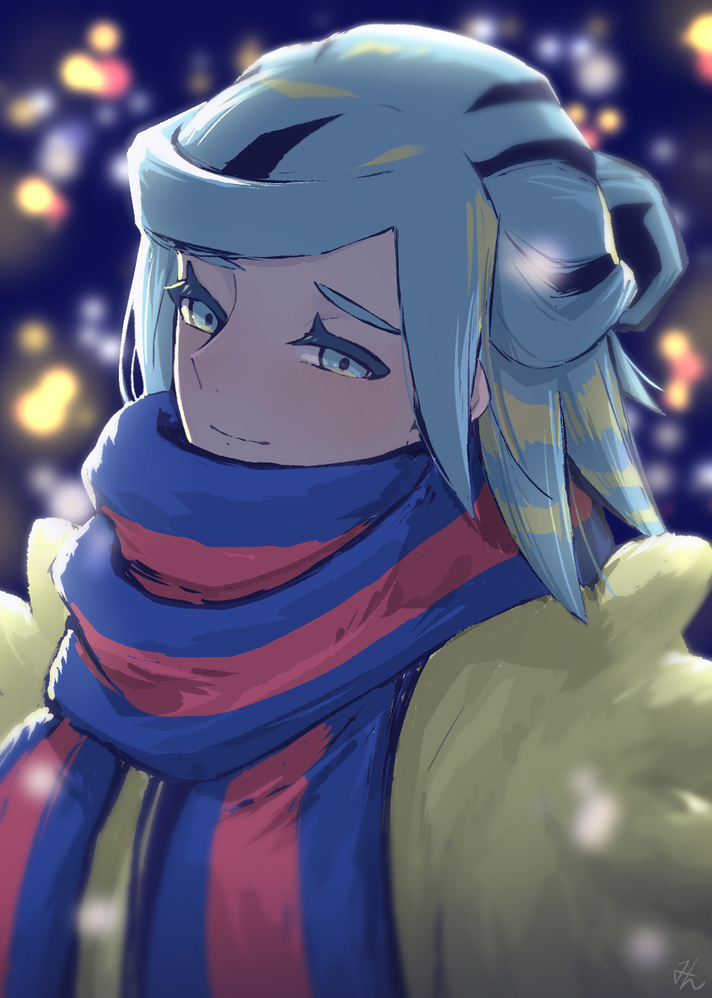 1boy, aqua_eyes, aqua_hair, blue_scarf, blurry, blurry_background, closed_mouth, commentary_request