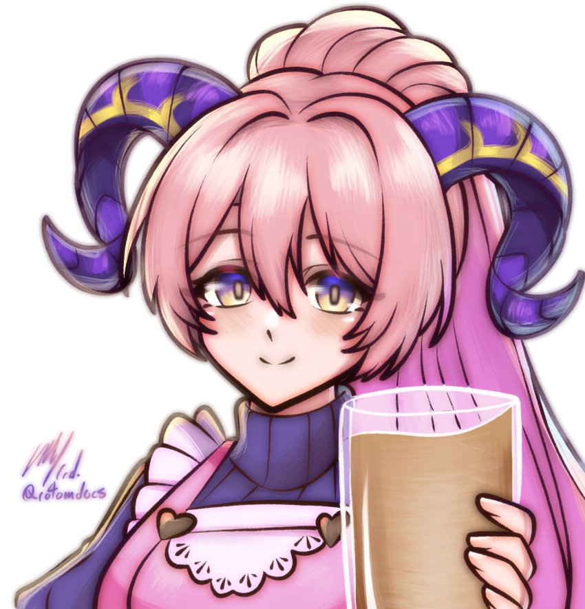 1girl, apron, breasts, chocolate_milk, cup, fire_emblem, fire_emblem_heroes, goat_horns, hair_between_eyes, here_some_choccy_milk_(meme), highres, holding, holding_cup, horns, incoming_gift, large_breasts, large_horns, looking_at_viewer, meme, nerthuz_(fire_emblem), pink_apron, portrait, purple_horns, purple_sweater, rotomdocs, smile, solo, sweater, turtleneck, turtleneck_sweater, violet_eyes