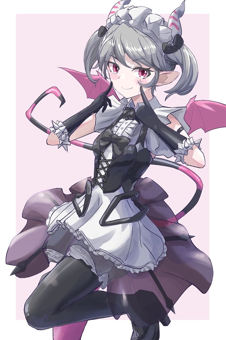 arianne_the_labrynth_servant, black_footwear, black_gloves, border, center_frills, closed_mouth, commentary_request, demon_girl