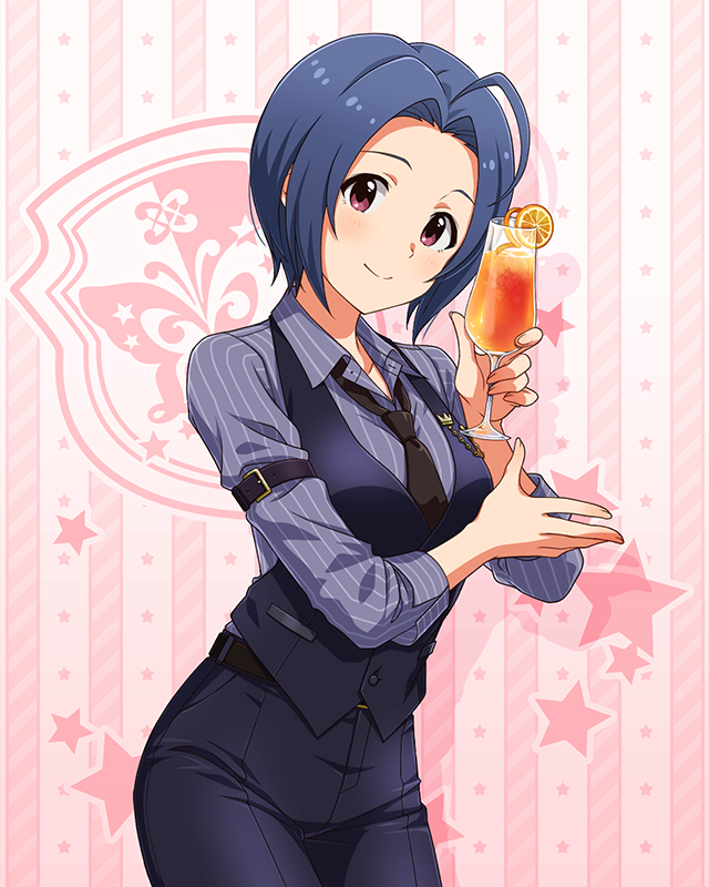 1girl, ahoge, arm_strap, bartender, belt, black_belt, black_pants, black_vest, blue_hair, breasts, brown_necktie, cocktail_glass, collarbone, concept_shaker_(idolmaster), cup, curtained_hair, drinking_glass, food, forehead, fruit, holding, holding_cup, idolmaster, idolmaster_million_live!, idolmaster_million_live!_theater_days, large_breasts, long_sleeves, looking_at_viewer, loose_necktie, miura_azusa, necktie, official_alternate_costume, official_art, open_collar, orange_(fruit), pants, pocket, shirt, short_hair, sidelocks, sleeves_rolled_up, solo, star_(symbol), striped_clothes, striped_shirt, vest, violet_eyes