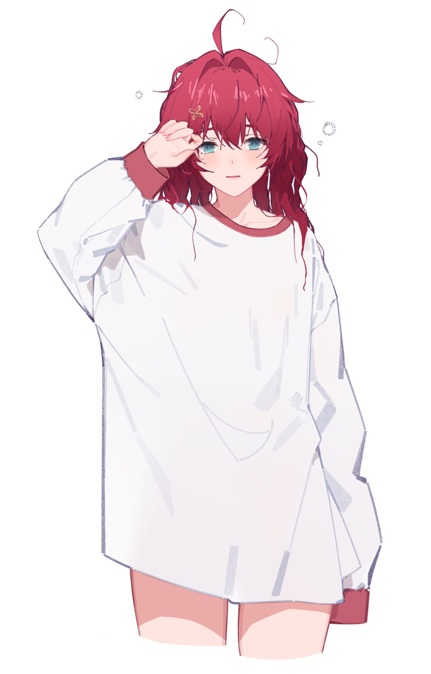 1girl, absurdres, ahoge, alternate_costume, alternate_hairstyle, blue_eyes, collarbone, cropped_legs