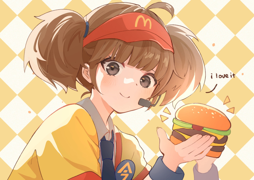 1girl, absurdres, ahoge, badge, blunt_bangs, brown_hair, burger, button_badge, checkered_background, cheese, closed_mouth, double_cheese_(mcdonald's), employee_uniform, english_text, fast_food, fast_food_uniform, food, grey_eyes, happi, hat, headset, highres, holding, holding_burger, holding_food, japanese_clothes, looking_at_viewer, mcdonald's, necktie, open_happi, red_hat, ricia39, sesame_seeds, shirt, short_sleeves, smile, solo, striped_clothes, striped_shirt, twintails, upper_body, visor_cap, white_shirt, yellow_happi