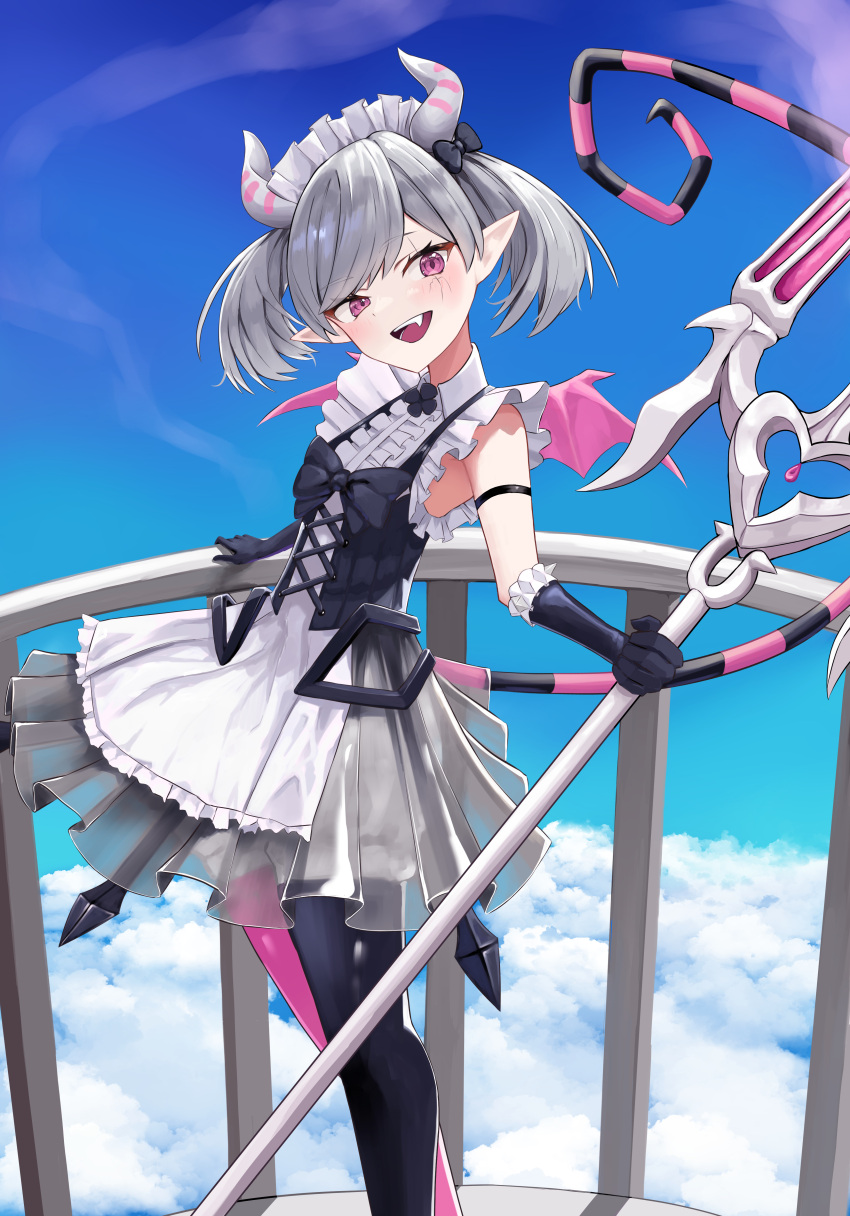 1girl, :d, above_clouds, absurdres, apron, arianne_the_labrynth_servant, asymmetrical_legwear, black_gloves