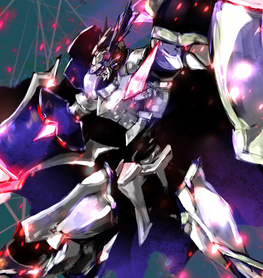 1boy, absurdres, armor, chaosdukemon, digimon, digimon_(creature), highres, holding, holding_polearm, holding_shield, holding_weapon, knight, name_e04, polearm, red_eyes, shield, solo, weapon