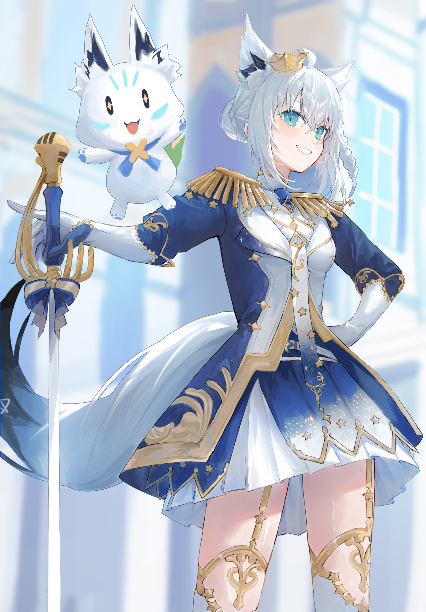 1girl, absurdres, animal_ears, aqua_eyes, belt, blush, braid, bun_with_braided_base