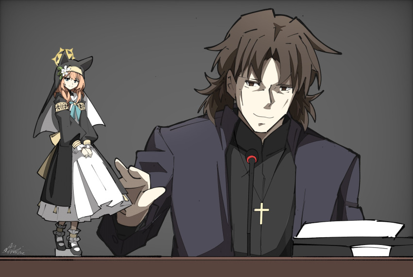 1boy, 1girl, animal_ear_headwear, black_shirt, blue_archive, brown_hair, commentary, cross, cross_necklace, derivative_work, dress, english_commentary, fate/stay_night, fate_(series), fazni_frye, grey_background, habit, highres, jewelry, jubilee_2025, kotomine_kirei, light_smile, long_sleeves, mari_(blue_archive), mary_janes, necklace, nun, parody, photo-referenced, priest, shirt, shoes, signature, simple_background, white_dress