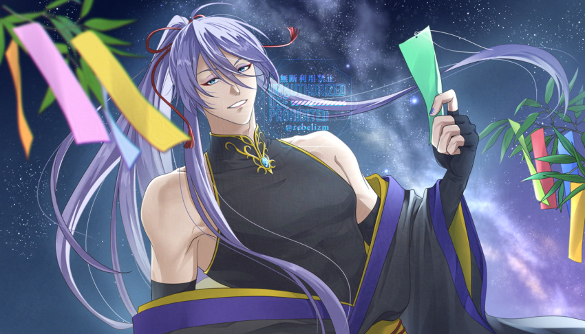 1boy, blue_eyes, commentary_request, fingerless_gloves, fujishiro_kanae, gloves, grin, hair_ribbon