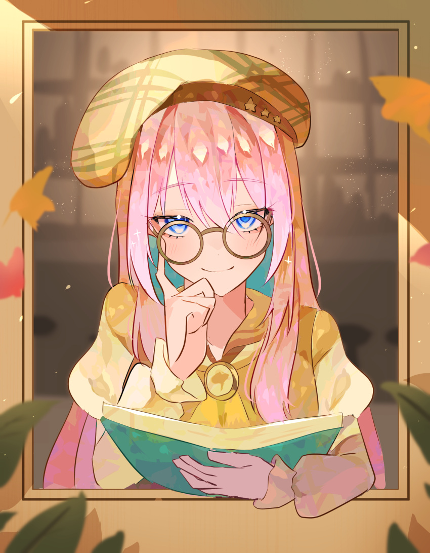 1girl, autumn_leaves, beret, blue_eyes, book, brooch, commentary_request, finger_to_cheek