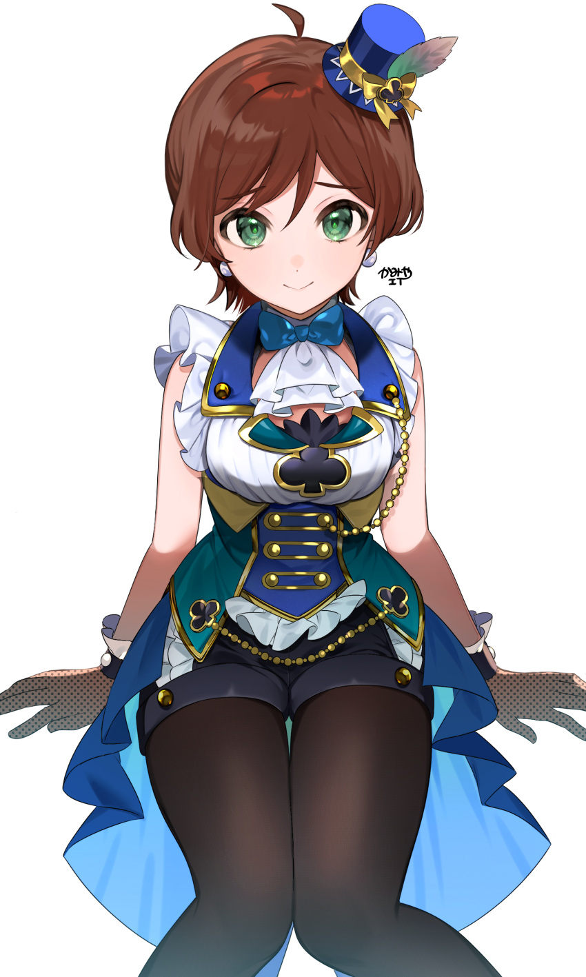 1girl, absurdres, ahoge, artist_name, ascot, black_pantyhose, black_shorts, blue_bow