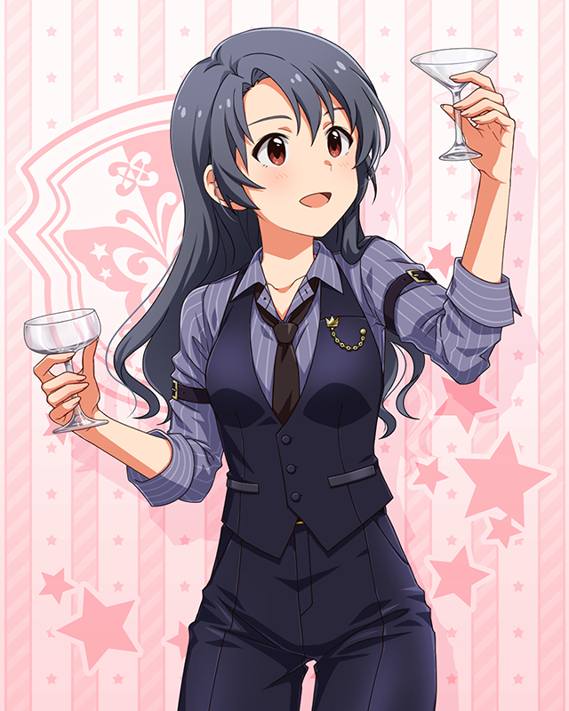 1girl, :d, arm_strap, bartender, belt, black_belt, black_hair, black_pants