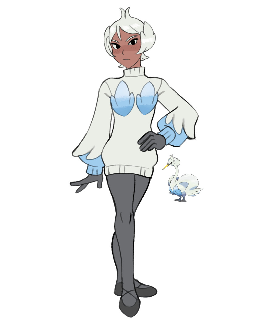 1boy, absurdres, androgynous, black_eyes, black_gloves, black_pantyhose, blue_sweater, creature_and_personification