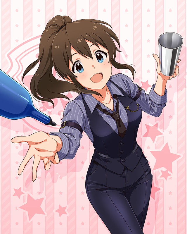 1girl, :d, arm_strap, bartender, belt, black_belt, black_pants, black_vest