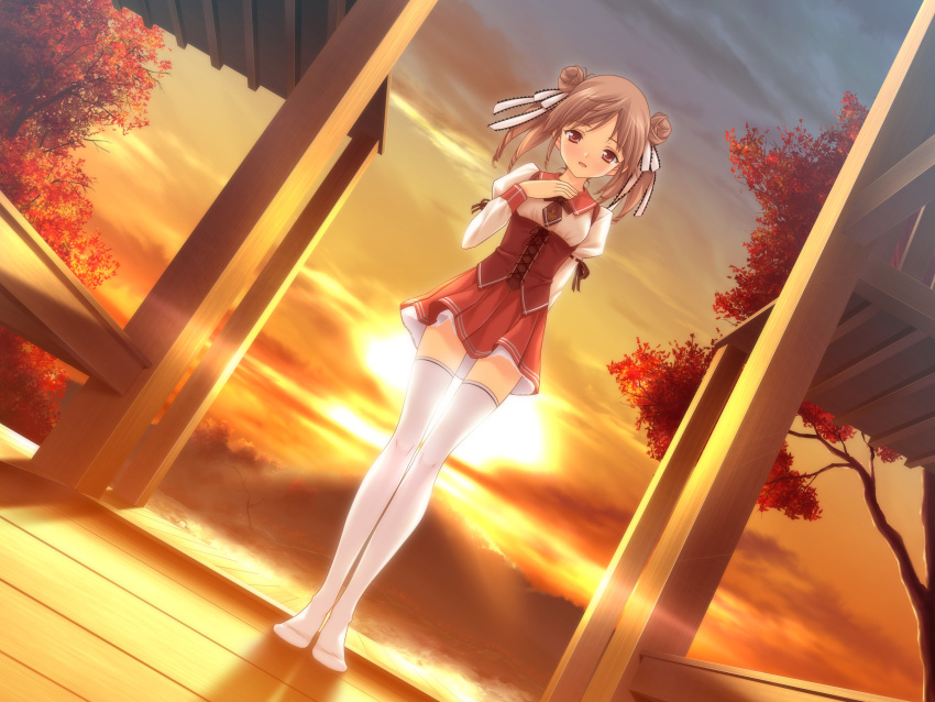 araragi_yumeno, brown_hair, game_cg, kitto_todoku_sumiwataru_asairo_yori_mo, ribbons, seifuku, sky, sunset