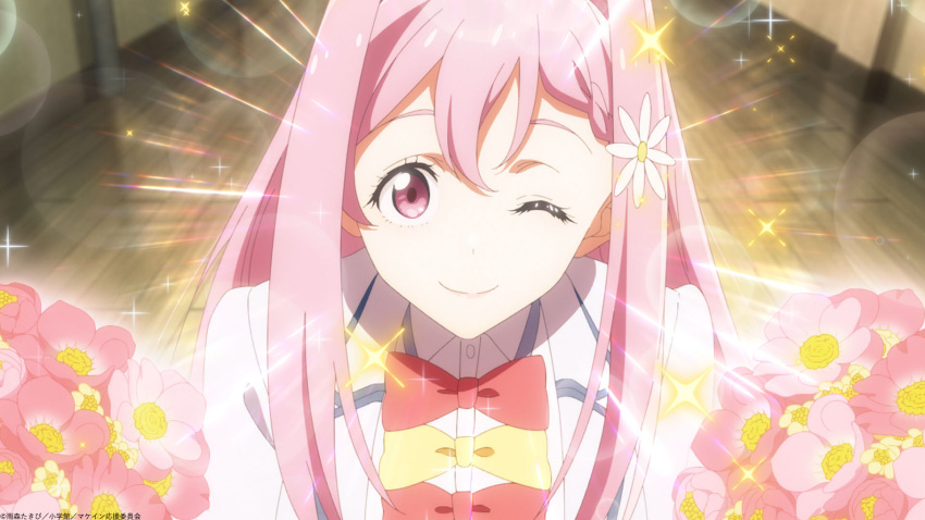 1girl, ;), anime_screenshot, blazer, bow, bowtie, collared_shirt, flower