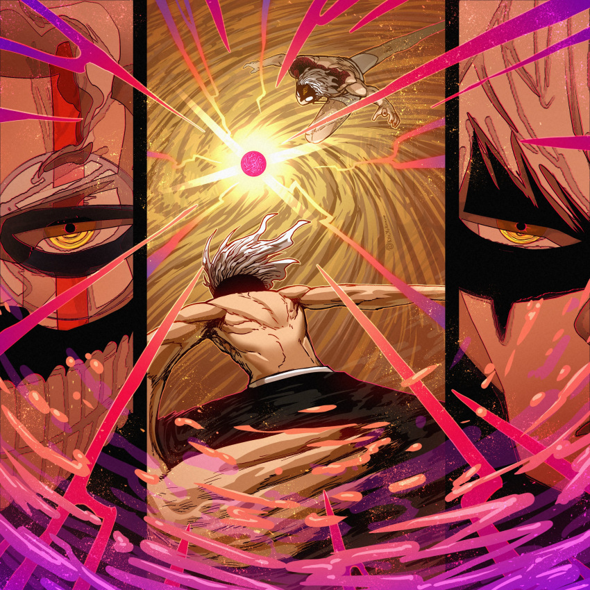 2boys, absurdres, alternate_form, dandadan, evil_eye_(dandadan), fighting_stance, glasses, highres