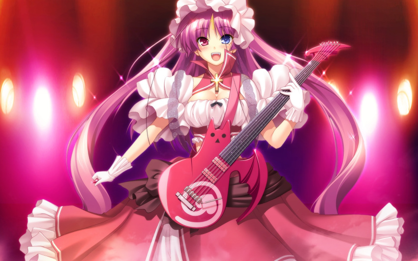 bicolored_eyes, chu_chu_idol, chu_x_chu, chua_churam, cross, game_cg, gloves, guitar, guitar_pick, heterochromia, instrument, midriff, ozawa_akifumi, pink_hair, solo, very_long_hair