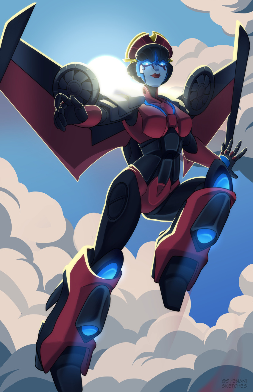 1girl, absurdres, airplane_wing, blue_eyes, breasts, flying, highres, humanoid_robot