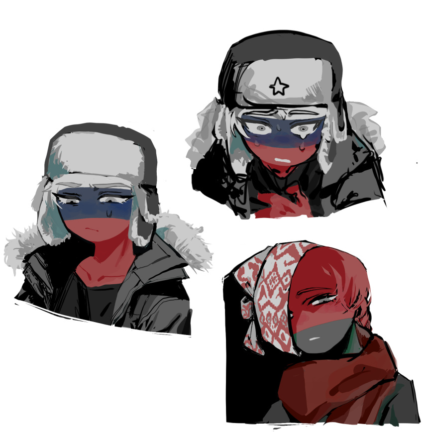 2boys, belarus_(countryhumans), belarusian_flag, black_hat, black_jacket, black_sweater, countryhumans, fur_hat