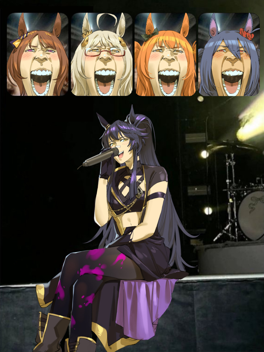 5girls, absurdres, animal_ears, arm_rest, armband, bandaid, bandaid_on_face, bandaid_on_nose