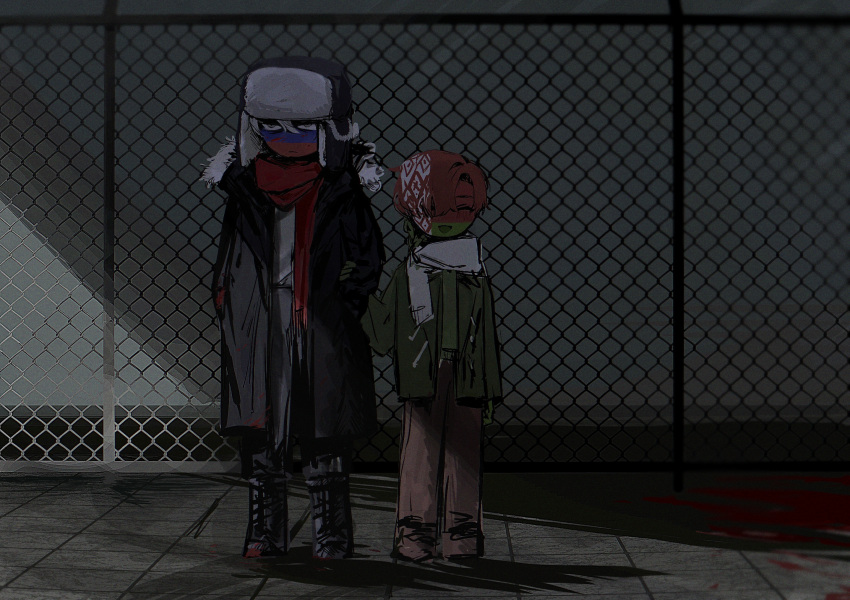 2boys, belarus_(countryhumans), belarusian_flag, black_coat, black_footwear, blood, blood_on_face, boots