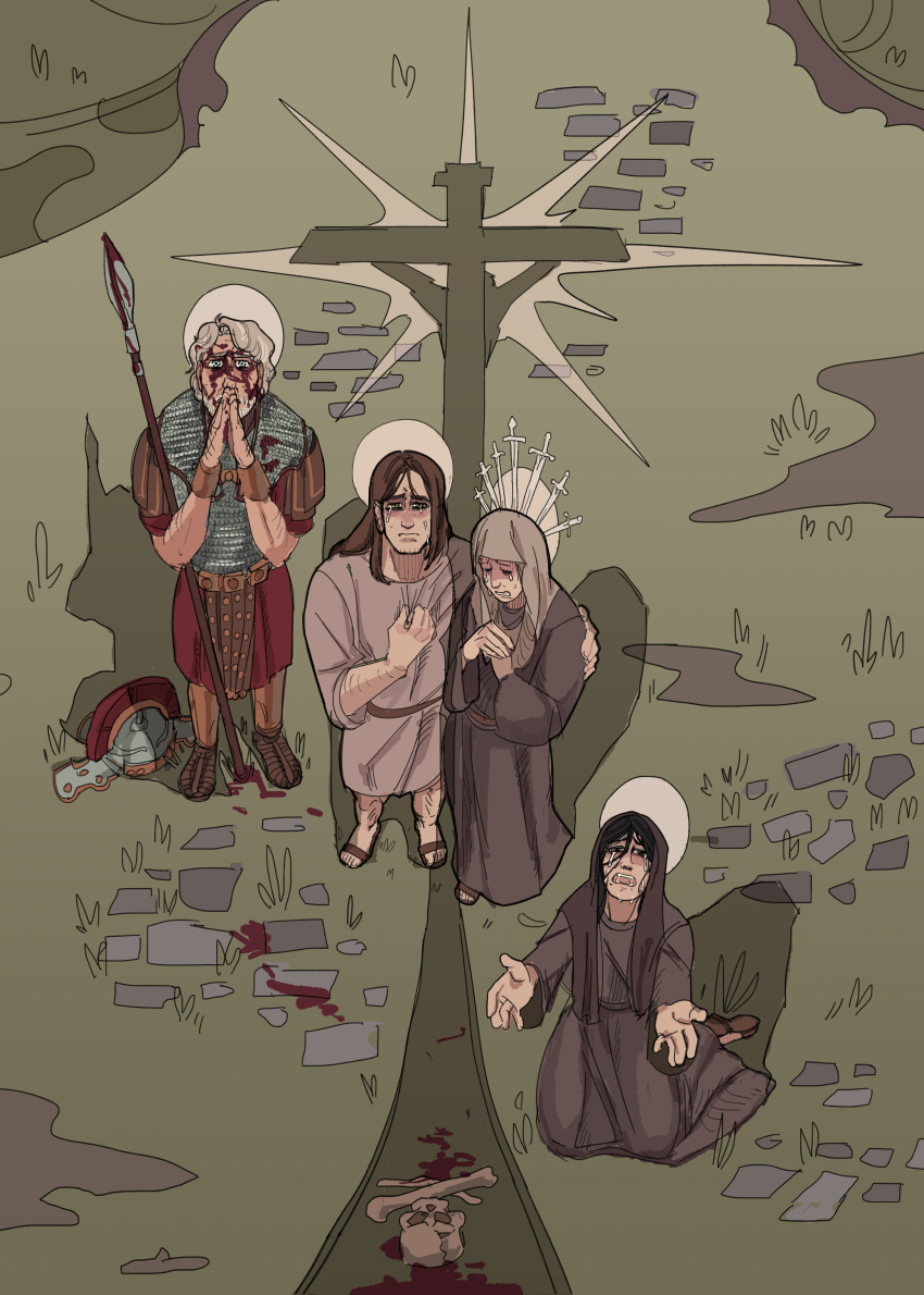 absurdres, armor, blonde_hair, blood, christian_mythology, crucifixion, crying, glowing, grass, greco-roman_clothes, helmet, highres, holding, holding_polearm, holding_weapon, jesus, john_the_apostle, kneeling, lance, mary_magdalene, polearm, robe, saint_longinus, shadow, skull, toffee_32, unworn_headwear, unworn_helmet, veil, virgin_mary, weapon, wrist_cuffs