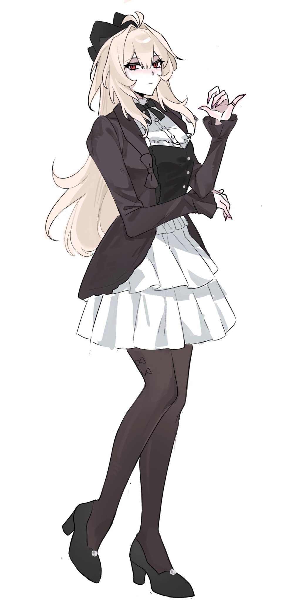1girl, alternate_costume, antenna_hair, black_footwear, black_vest, blonde_hair, bow, brown_jacket