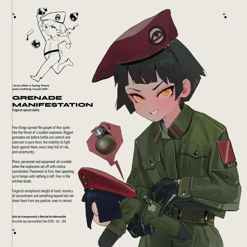 beret, black_hair, character_doll, collared_shirt, doodle_inset, explosive, green_shirt, grenade