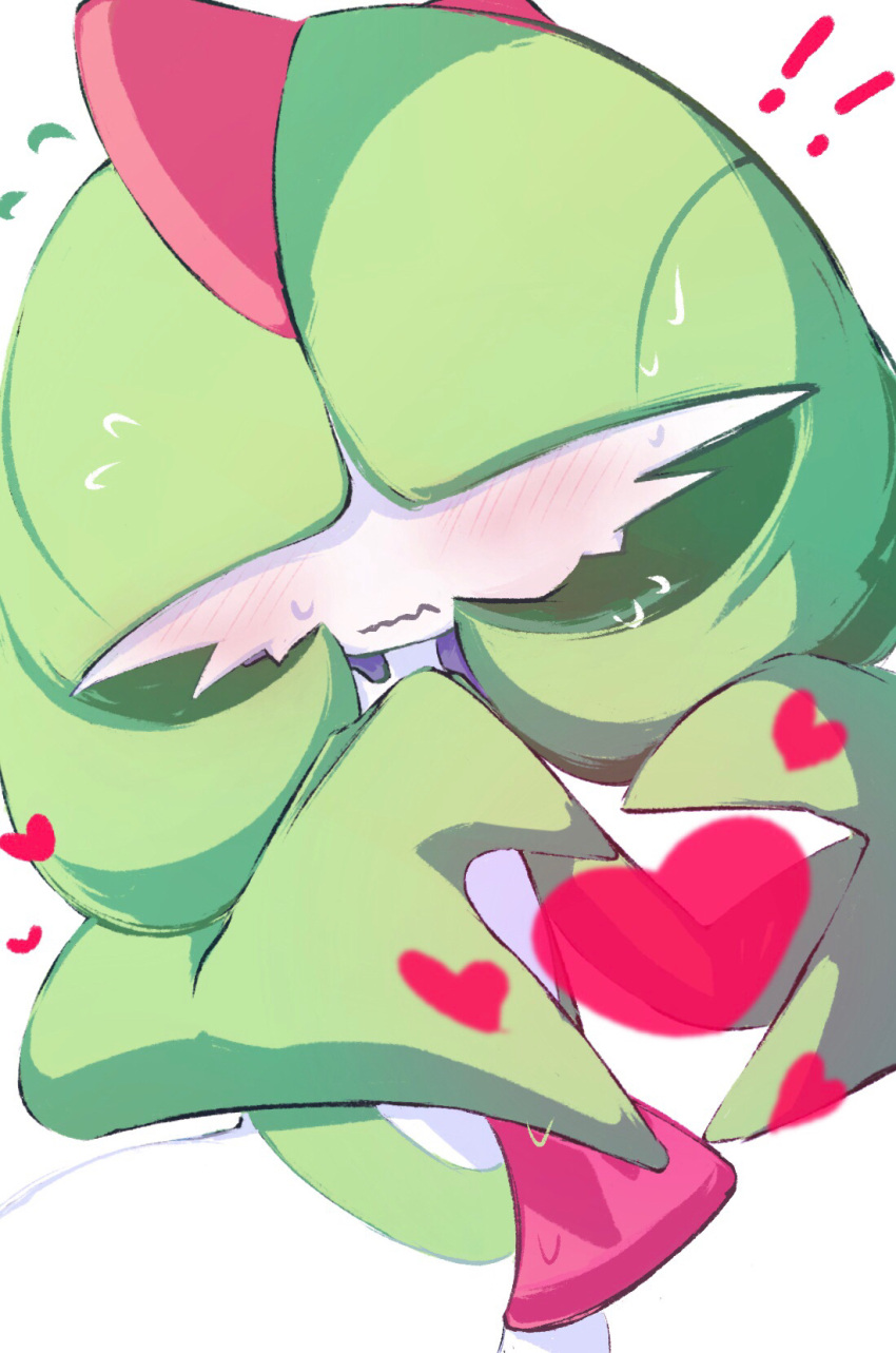 !, !!, 1girl, blunt_bangs, closed_mouth, colored_skin, commentary, covered_eyes, embarrassed, facing_viewer, flat_chest, flying_sweatdrops, fusion, gardevoir, green_skin, hair_over_eyes, hands_up, heart, heart_hands, heart_in_heart_hands, highres, multicolored_skin, my_(my_6633), nervous, own_hands_together, pokemon, pokemon_(creature), ralts, short_hair, shy, simple_background, solo, standing, sweat, two-tone_skin, upper_body, wavy_mouth, white_background, white_skin