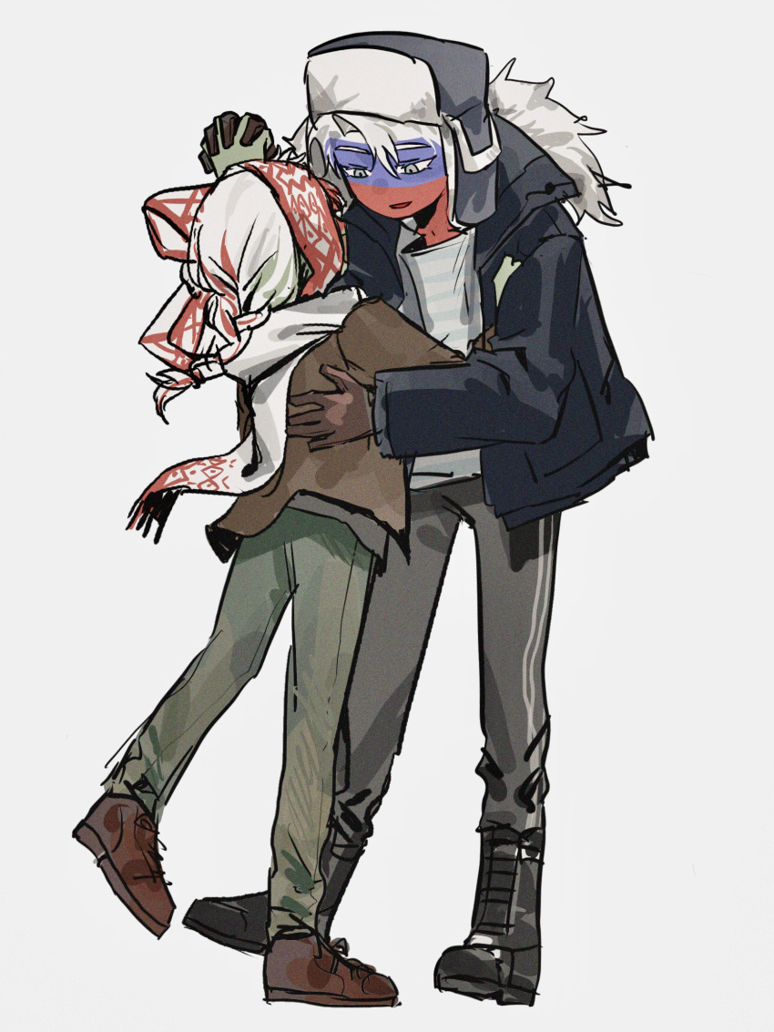 1boy, 1girl, belarus_(countryhumans), black_footwear, black_jacket, boots, braid, countryhumans