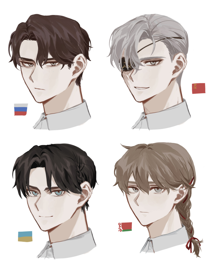 4boys, belarus_(saboten92), black_hair, blue_eyes, braid, brown_hair, closed_mouth, collared_shirt