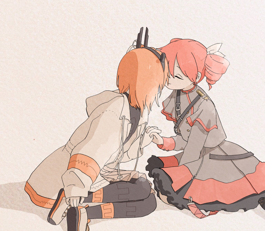 2girls, a.i._voice, absurdres, adachi_rei, black_leggings, black_shirt, bow, buttons, closed_eyes, closed_mouth, commentary_request, dated_commentary, drill_hair, face-to-face, facing_another, frilled_skirt, frills, gloves, grey_jacket, grey_skirt, hair_bow, hair_ornament, hair_ribbon, hairband, highres, holding_hands, interlocked_fingers, jacket, kasane_teto, kasane_teto_(sv), leggings, long_sleeves, medium_hair, multiple_girls, on_floor, open_clothes, open_jacket, orange_hair, radio_antenna, red_trim, redhead, ribbon, sabaku_(saba9), shirt, shoes, short_hair, shoulder_belt, shoulder_strap, simple_background, sitting, skirt, smile, synthesizer_v, traditional_media, twin_drills, utau, watercolor_pencil_(medium), white_background, white_bow, white_footwear, white_gloves, white_jacket, white_ribbon, yokozuwari, yuri