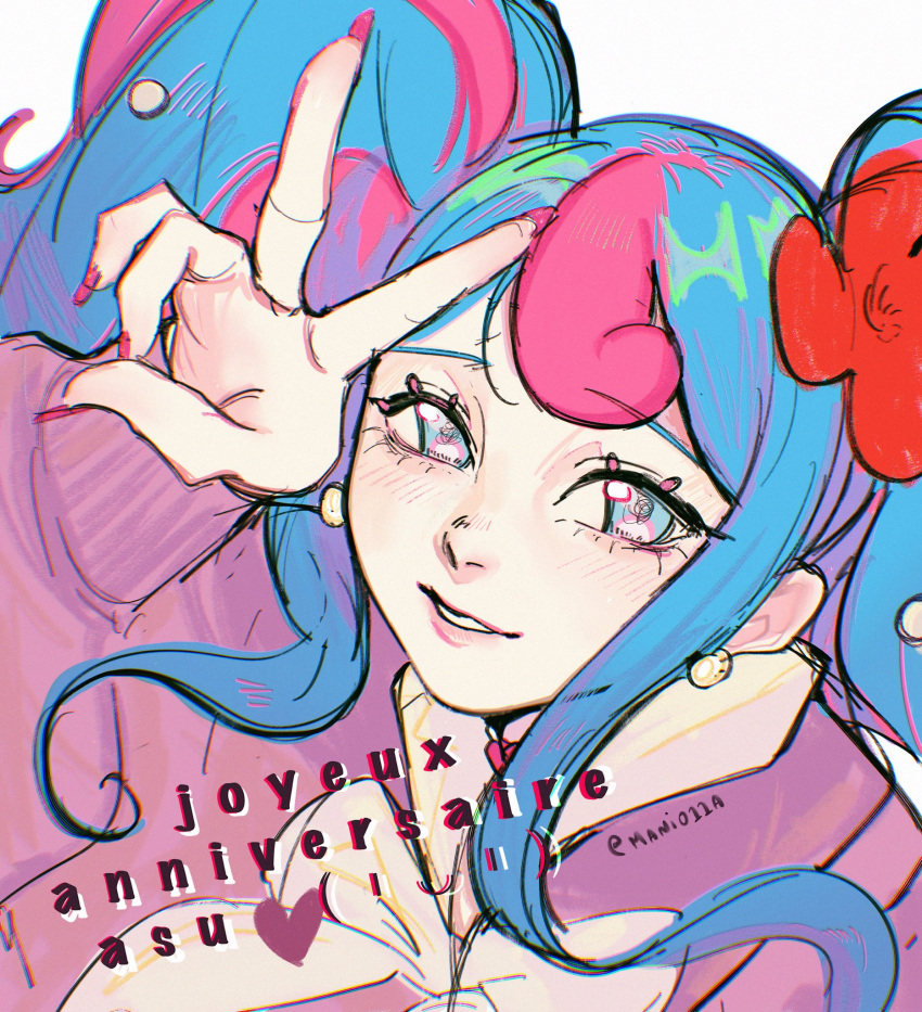 1girl, arm_up, blue_eyes, blue_hair, bow, bowtie, commentary, earrings