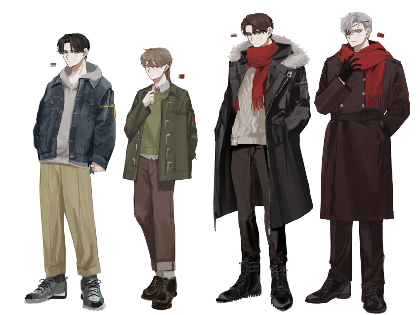4boys, absurdres, belarus_(saboten92), belarusian_flag, black_footwear, blue_jacket, boots, brown_coat
