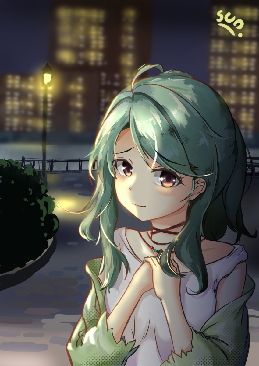 1girl, blush, green_hair, green_shawl, hands_on_own_chest, highres, jewelry, kitaooji_karen