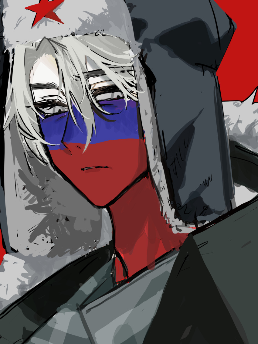 1boy, black_coat, coat, countryhumans, fur-trimmed_headwear, fur_hat, fur_trim, grey_scarf
