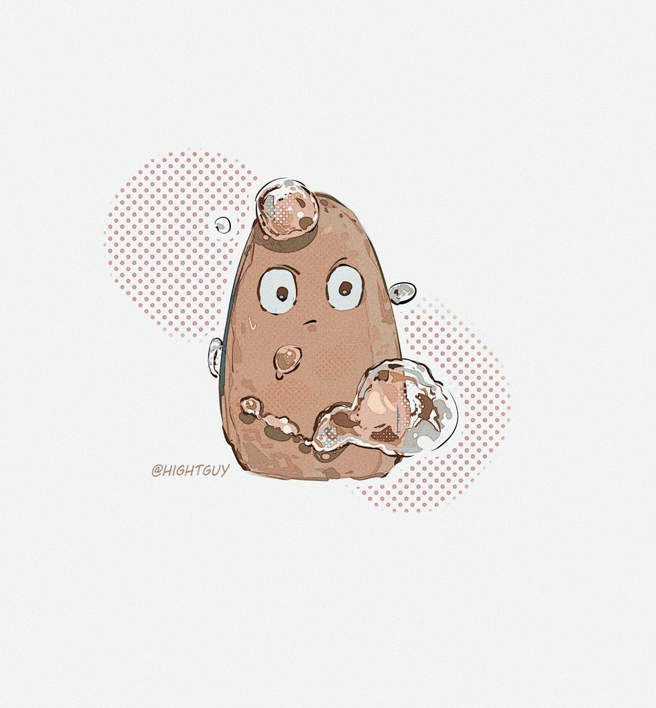 black_eyes, closed_mouth, commentary, halftone, hashtag-only_commentary, hightguy, light_frown, looking_at_viewer, no_humans, nut_(food), plants_vs_zombies, simple_background, solo, straight-on, tall-nut_(plants_vs_zombies), twitter_username, water_drop, white_background