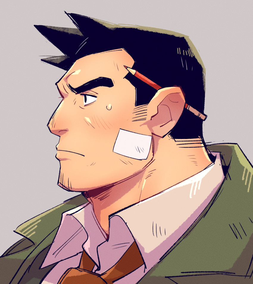 1boy, ace_attorney, bandaid, bandaid_on_face, black_hair, collared_shirt, dick_gumshoe, facial_hair, goatee_stubble, grey_background, highres, male_focus, object_behind_ear, pencil, pencil_behind_ear, portrait, profile, shirt, short_hair, simple_background, solo, stubble, thick_eyebrows, yowasabimechaoc