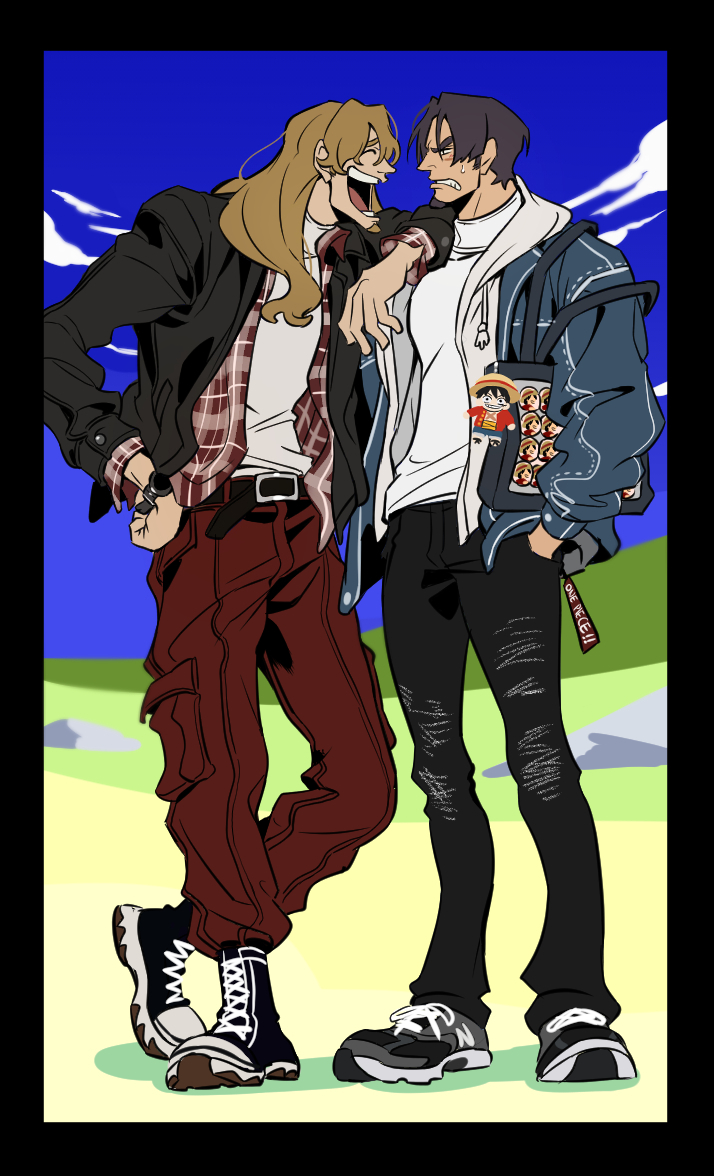 2boys, badge, bag, belt, black_border, black_hair, blonde_hair, border