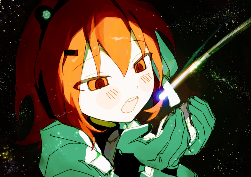 1girl, a.i._voice, adachi_rei, android, artificial_eye, black_shirt, blush, comet